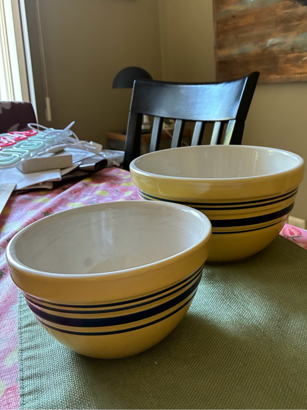 Yellow w/ blue Stripe vintage Ceramic Mixing Bowls - Set of 2